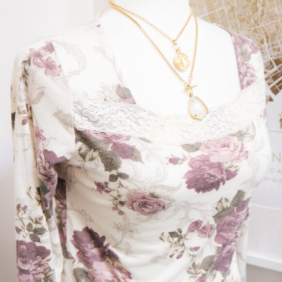 Dusty Rose Print Lace Trim Long Sleeve Tee 💐 ROSA CHERI - Picture 4 of 7